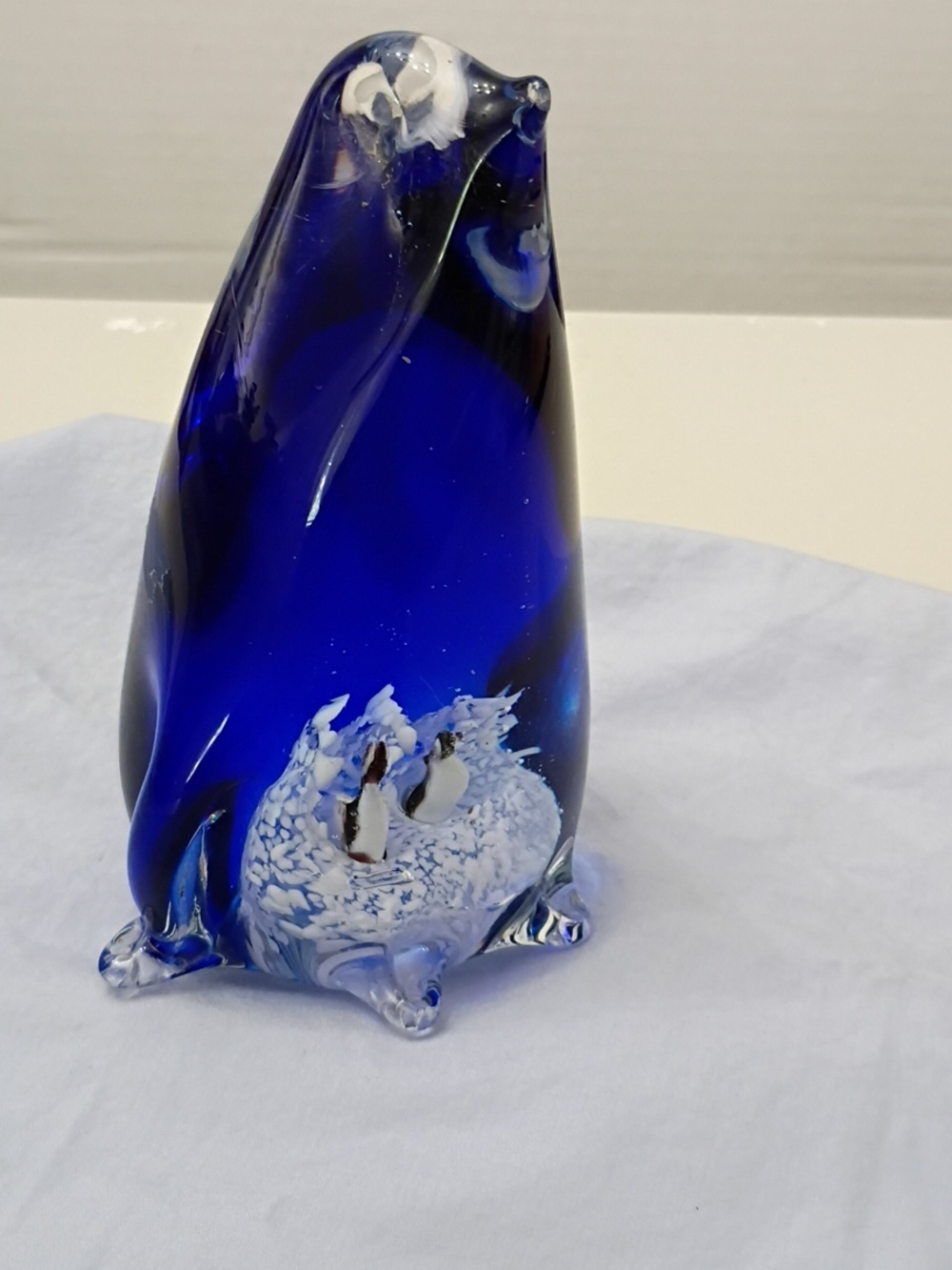 Cobalt Blue Paperweight Peguin, small peguin scene inside Signed Below One Fin